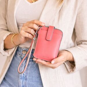 Lodis Leather Phone Wristlet Wallet Coral Pink ID Holder Card Case Strap